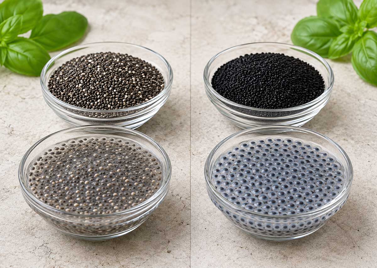 مقایسه تخم ریحان و تخم شربتی قبل و بعد از خیساندن